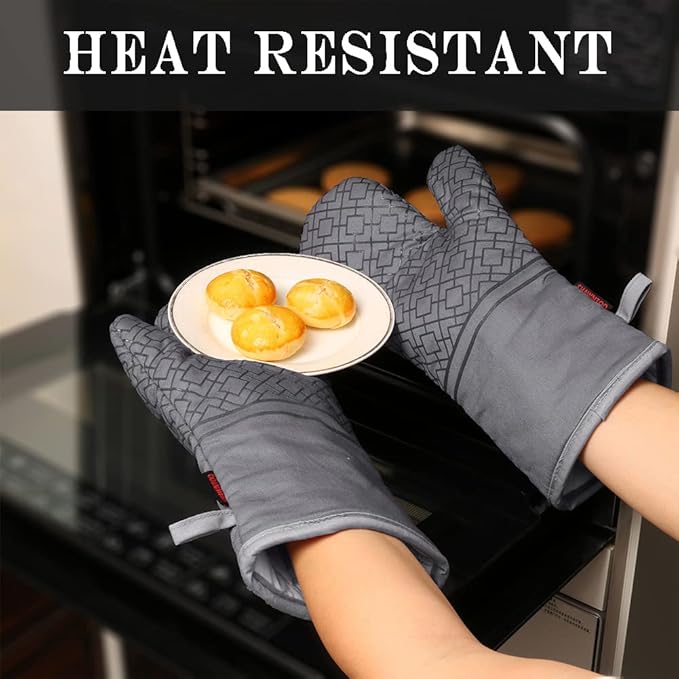 Oven Mitts and Pot Holders Sets 6pcs, Kitchen Oven Glove,High Heat Resistant 550 Degree Extra Long Oven Mitts and Potholders with Non-Slip Silicone Surface for Apartment Essentials (Grey) (Gray)