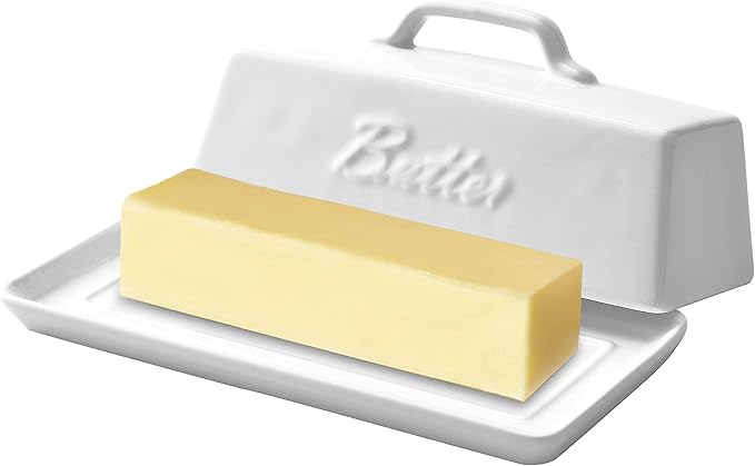 Bruntmor Ceramic Butter Dish With Lid. Butter Holder/ Tray/ Storage With Lid And Handle. Porcelain Butter Keeper For Countertop. Butter Dish With Cover In White Color.
