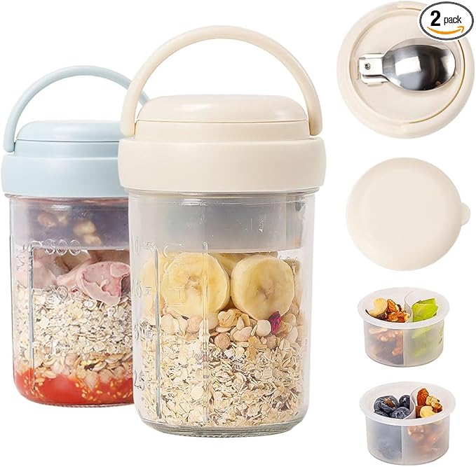 2 Pack Overnight Oats Containers with Lids and Handles, Folding Spoons & Divided Compartments for Fruit & Nuts, 16oz Glass Mason Jars for Oatmeal, Meal Prep & Breakfast (Cream/Blue)