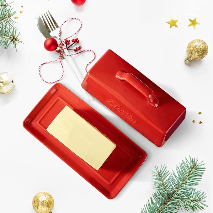 Bruntmor Ceramic Butter Dish With Lid. Butter Holder/ Tray/ Storage With Lid And Handle. Porcelain Butter Keeper For Countertop. Butter Dish With Cover in Red Color.