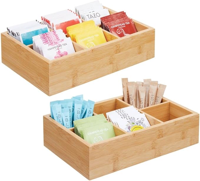 mDesign Bamboo Tea & Food Storage Organizer Container Box - Wooden Holder Case for Tea Bags, Coffee, Snacks, Sugar, Sweeteners, and Small Packets - Echo Collection - 2 Pack - Natural Wood
