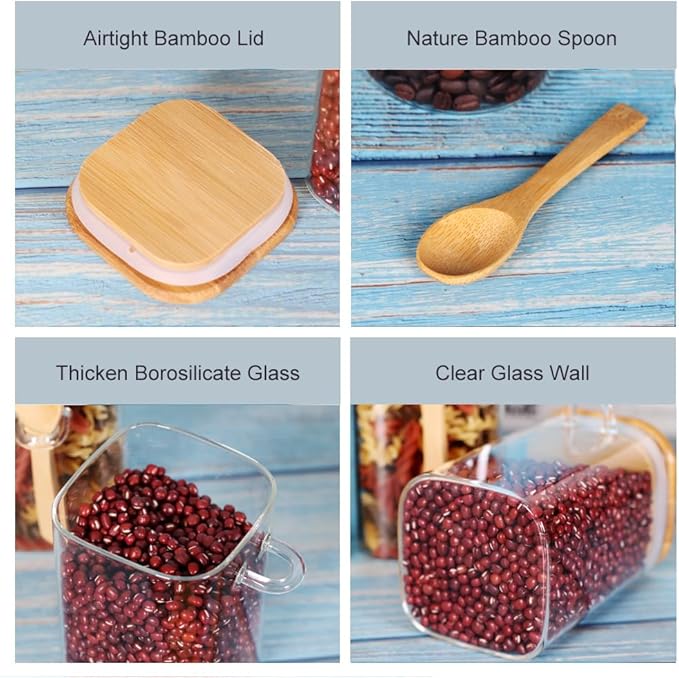 Glass Jar with Bamboo Lid and Spoon,Set of 6 Square 17 OZ Tea Containers for Loose Leaf Tea, Salt and Sugar Containers for Countertop, Yogurt Jars for Overnight Oatmeal