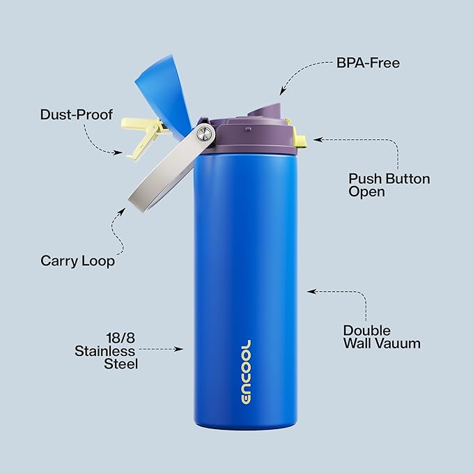 Insulated Water Bottle with Straw - Encool Stainless Steel Water Bottle with Push Button Lid, Leak-Proof & BPA-Free, Keeps Cold for 24 Hours for Sports, Travel, Gym (24 oz, Sapphire)