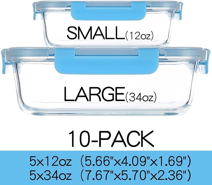 C CREST Glass Meal Prep Containers, [10 Pack] Glass Food Storage Containers with Lids, Airtight Bento Boxes, BPA Free & Leak Proof (10 Lids & 10 Containers)