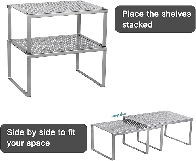 NEX Kitchen Shelf Organizer for Cabinet Counter Cupboard Pantry, Stackable & Expandable, Silver