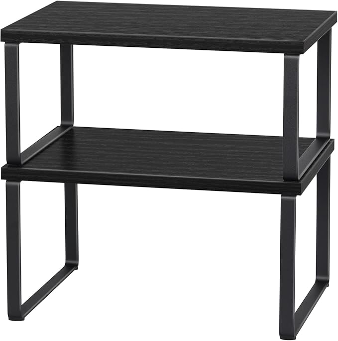 CADUKE Counter Shelf Organizer Set of 2 Kitchen Cabinet Shelves Expandable Countertop Shelves Organizer Wood Cabinet Shelf Black Stackable Storage Rack for Pantry