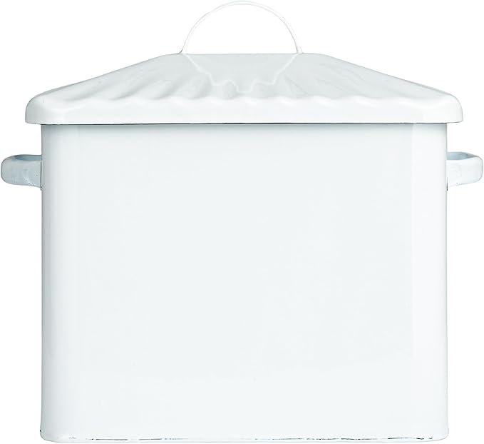 Creative Co-Op Chic Farmhouse Enameled Bread Box with Lid, "Bread" Message, White and Navy