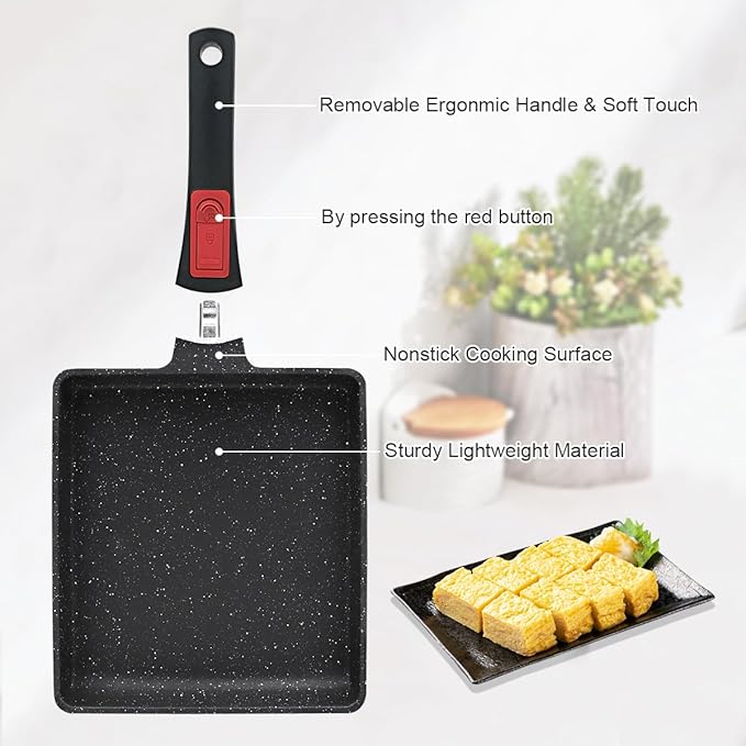 Nonstick Tamagoyaki Pan Large, Japanese Omelette Pan Nonstick, Japanese Square Egg Pan with Detachable Handle, PFAS & PFOA-Free, Oven Safe