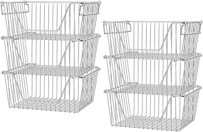 Slideep Stackable Storage Baskets Stainless Steel Cabinet Organizer Sturdy Metal Wire Pantry Freezer Bin for Pantry Home Bathroom Kitchen Organization 6 Packs