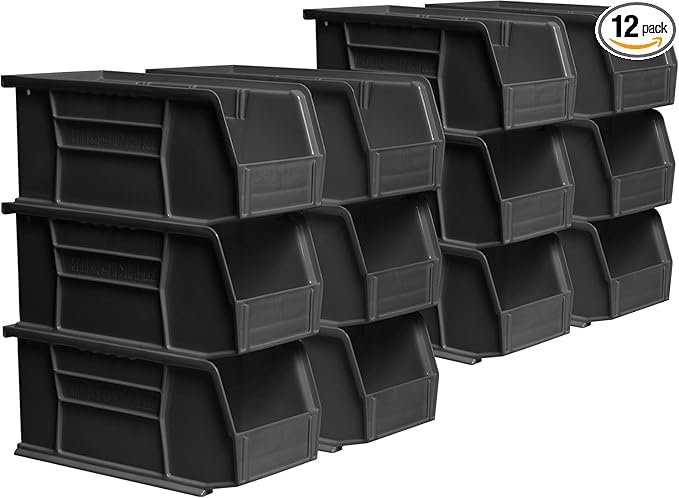 Akro-Mils 30230 AkroBins Plastic Storage Bins, Space-Saving Stackable Bins for Garage, Pantry, Craft Organization, 11-" x 5-" x 5-", Black, 12-Pack