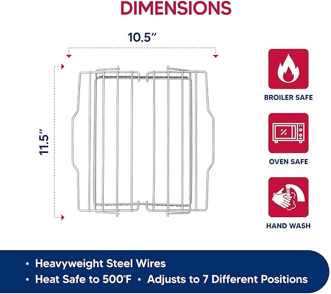 HIC Kitchen Roasting Adjustable Baking Rack, Chrome-Plated Steel, Adjusts to 7 Different Positions, 11.5 x 10.5 x 0.5-Inches