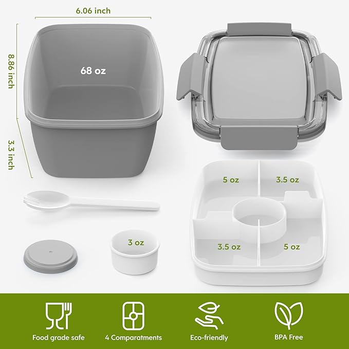 Cherrysea Salad Lunch Container, 68oz Salad Bowls with 4 Compartments Tray,Leak Proof Lunch Box with Fork for Men,Women BPA-Free Snack Container with Sauce Container for Dressings-Grey