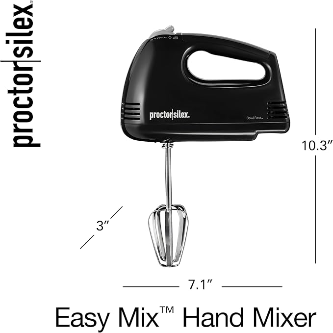 Proctor Silex Easy Mix 5-Speed Electric Hand Mixer with Bowl Rest, Compact and Lightweight, 100 Watts of Peak Power, Black (62507PS)