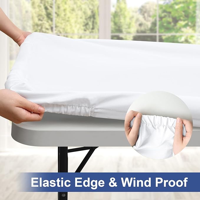 homing Rectangle Table Cloth Cover, Waterproof Polyester Elastic Fitted Tablecloth, Fits for 8 Foot Folding Tables, Washable Table Protector for Picnic, Camping, Outdoor (White, 30" x 96")
