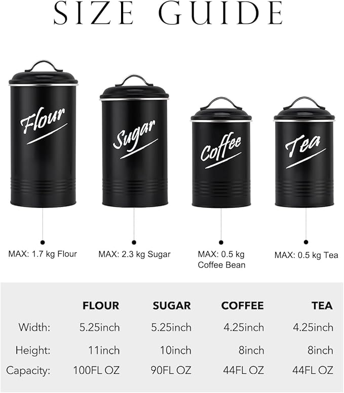 Hillbond Canisters Sets for The Kitchen Countertop with Airtight Lids Tea Coffee Sugar and Flour Containers Farmhouse Black Canisters for Kitchen Counter Set of 4