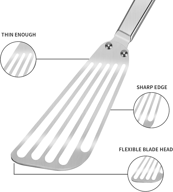 KSENDALO Flexible Fish Spatula Stainless Steel -Slotted Thin Egg Flipper with Riveted Handle, Angled Blade & Hollow Grip, Metal Turner for Cooking Fish Egg Pancakes (1 pack)