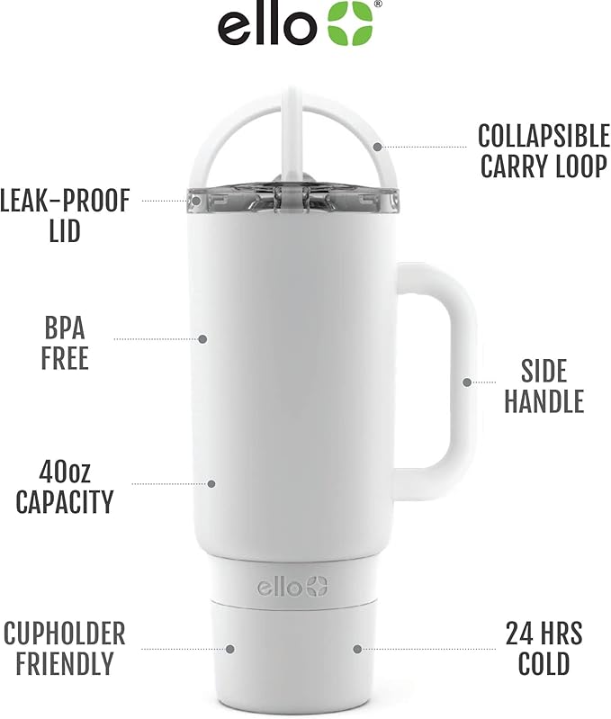 Ello Port 40oz Tumbler with Carry Loop & Integrated Handle, Vacuum Insulated Stainless Steel Reusable Water Bottle, Travel Mug with Leak Proof Lid & Straw, Perfect for Iced Coffee & Tea, White