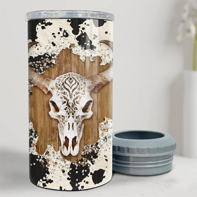 SANDJEST Cow Tumbler Cowgirl 4 in 1 12oz Tumbler Can Cooler Coozie Skinny Stainless Steel Tumbler Gift for Women Girl Daughter Sister Animal Lovers Christmas Birthday