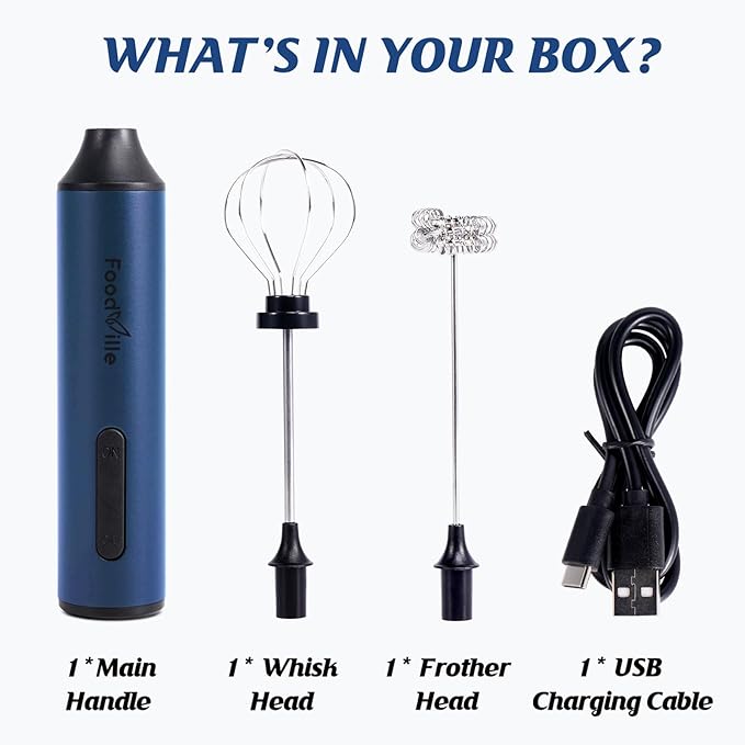 MF05 Rechargeable Milk Frother USB Charging Handheld Foam Maker with Stainless Balloon Whisk for Cappuccino, Latte, Bulletproof Coffee, Keto Diet, Protein Powder, Matcha (Navy Blue)