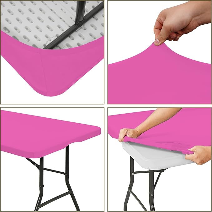 6 Pack Fitted Tablecloth for 8 Foot Rectangle Tables, Hot Pink Elastic Outdoor Picnic Table Cover, Washable Stretch Folding Table Cloths 8 ft for Camping Party Patio Kitchen Banquet, 30" W x 96" L