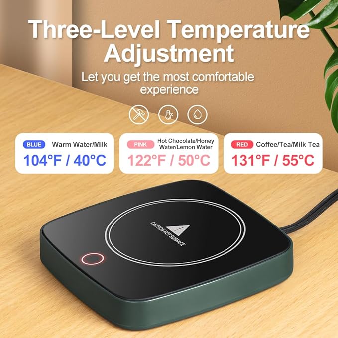 Coffee Cup Warmer 12Hours Auto Shut-Off Mug Warmer with 3 Temperature Setting,Waterproof Tempered Glass Honeycomb Vents 16W Electric Coffee Warmer for Desk Use (Green)