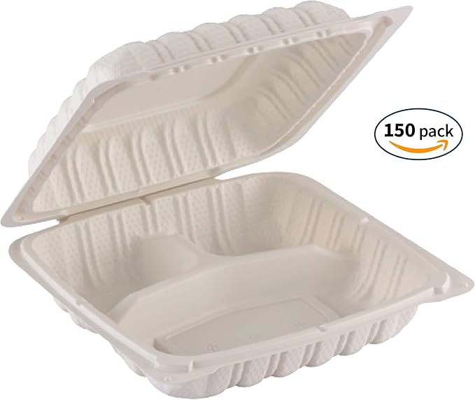 TIYA Clamshell Food Containers - White Bulk 150 Pack, 8x8 in - 3-Compartment To-Go Containers - Microwavable Plastic with Hinged Lid - Great for Meal Prep - BPA-Free