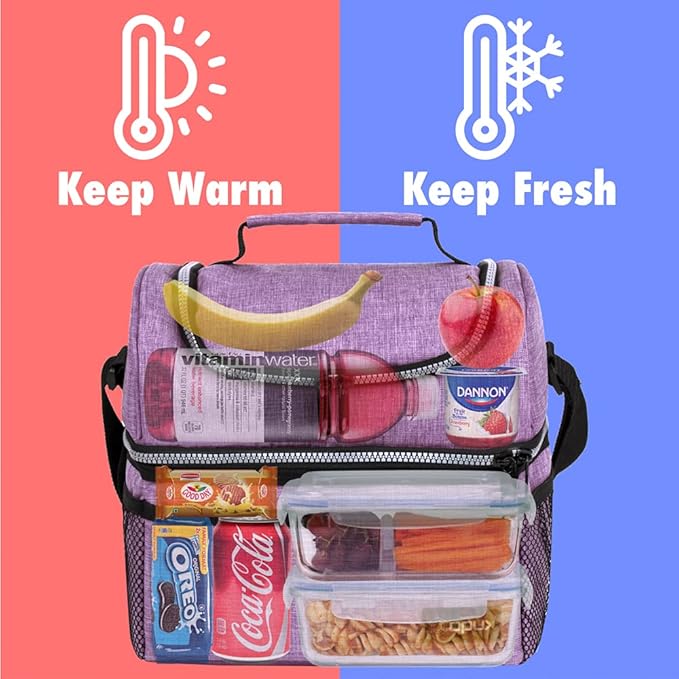 OPUX Lunch Box For Women, Insulated Large Lunch Bag Adult Work, Double Decker Lunchbox Meal Prep, Dual Compartment Leakproof Lunch Cooler, Soft Lunch Pail Tote for Girls Kids School (Purple 16 Cans)