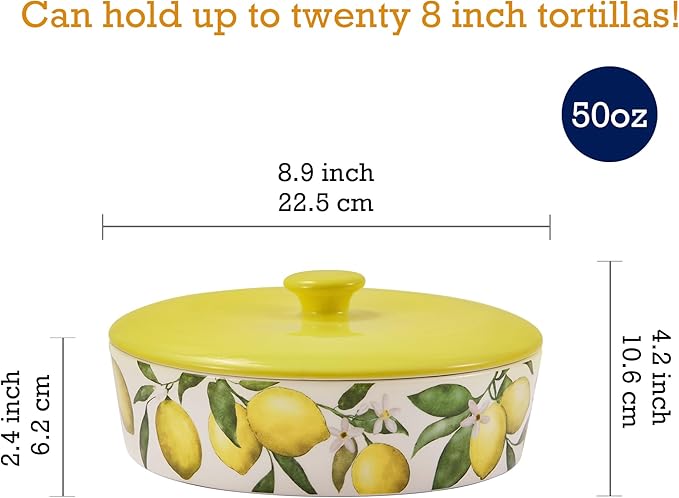 Bico Lemon Dreams Ceramic Tortilla Warmer, 8.9 Inch Tortilla Holder with Lid for Taco Bread Pancake for Mexican Night and Party, Microwave and Dishwasher Safe