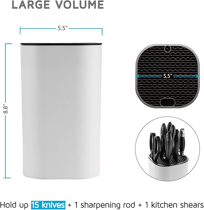 Universal Knife Block for Kitchen, WELLSTAR Knife Holder without Knives, Safe Space Saver Large Volume Stable Knife Storage with Scissors and Sharpening Rod Slot, Detachable for Easy Cleaning - White