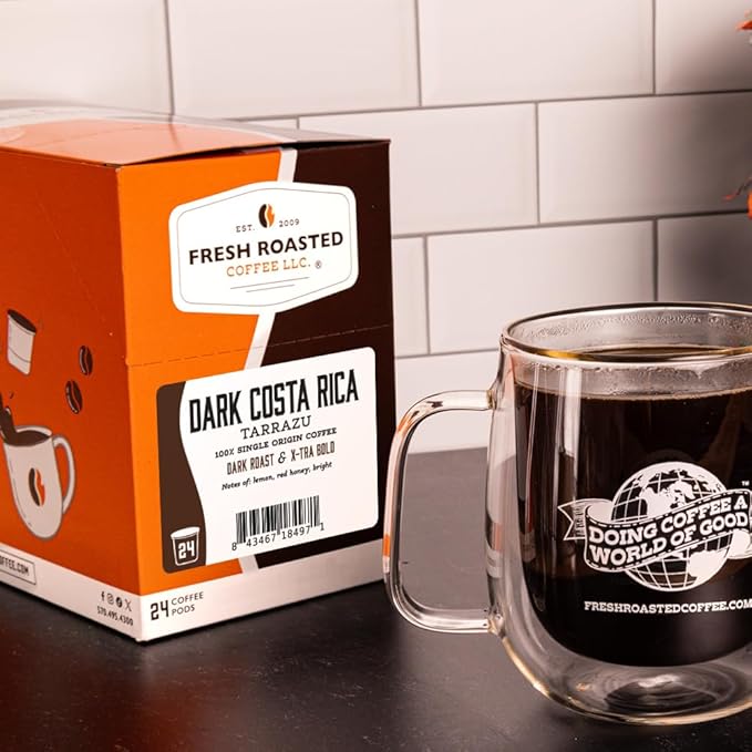 Fresh Roasted Coffee, Dark Costa Rica Tarrazu, Dark Roast, 24 Pods for K Cup Brewers