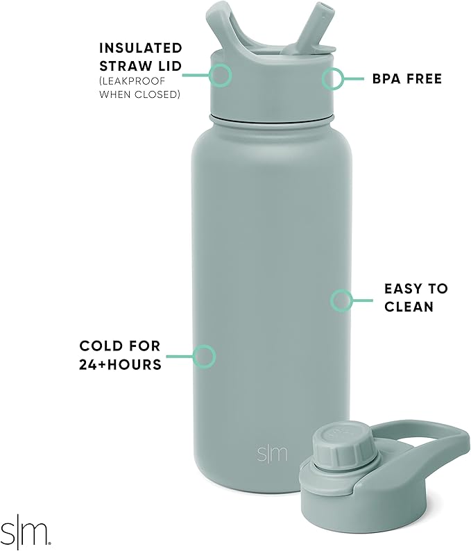 Simple Modern Water Bottle with Straw and Chug Lid Vacuum Insulated Stainless Steel Metal Thermos Bottles | Reusable Leak Proof BPA-Free Flask for Sports Gym | Summit Collection | 32oz, Sea Glass Sage