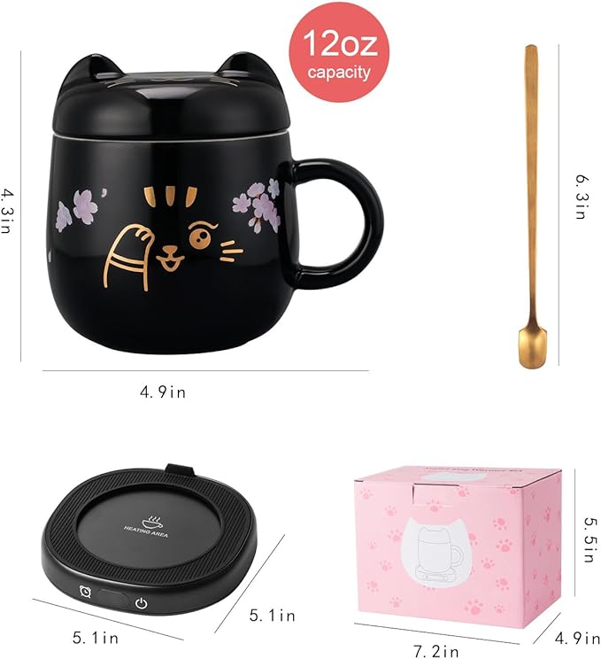 Coffee Mug Warmer & Cute Cat Mug Set, Electric Cup Warmer for Desk with Auto Shut Off, 4 Temperature Setting & 8h Timer Smart Tea Beverage Warmer for Coffee Office, Ideal for Men Women Birthday Gifts