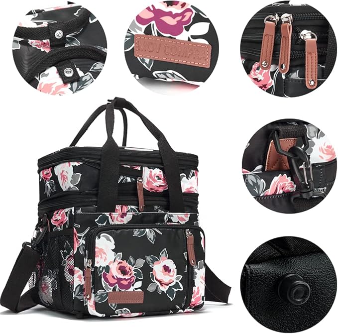 MOV COMPRA Lunch Bag Women Flower Insulated Lunch Box for Work, Expandable Large Lunch Bag, Leakproof Double Deck Lunch Box Cooler Bag with Removable Shoulder Strap（Flower）