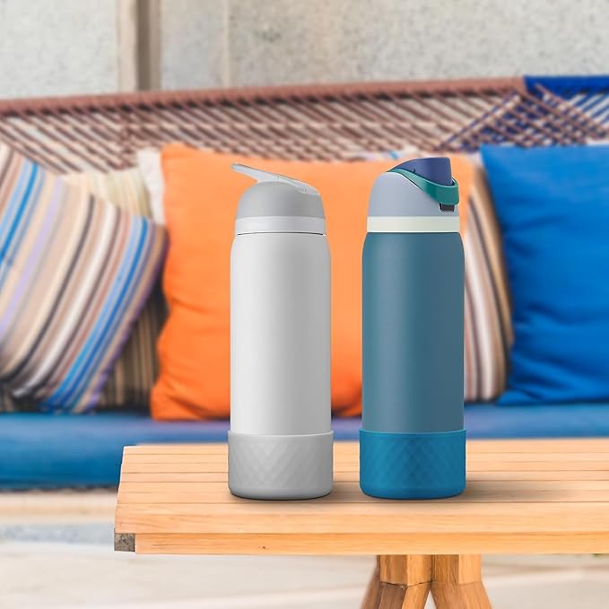 2PCS Silicone Water Bottle Boot for Owala 24oz, Protective Bottom Bumper Anti-Slip Sleeve for FreeSip, Twist, and Flip Stainless Steel Bottles, Dishwasher Safe and BPA Free(Grey+Dark Blue)