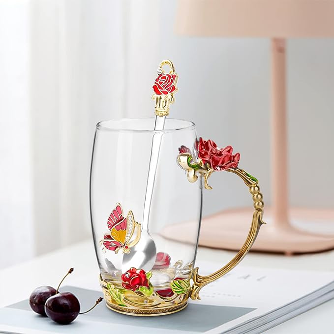 OEAGO Gifts for Women Mom Mothers Tea Cup Best Birthday Butterfly Rose Gifts for Her from Daughter Son Glass Coffee Christmas Enamels Mug Lead-Free with Spoon Set