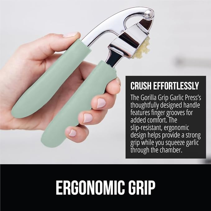 GORILLA GRIP Garlic Press and Peel Set, Heavy Duty Mincer Tool, Large Ergonomic Handle, Easily Mince and Crush Garlics, Ginger, Nuts, Seeds, Peeler Included, Peeling Cloves, Kitchen Gadgets, Mint