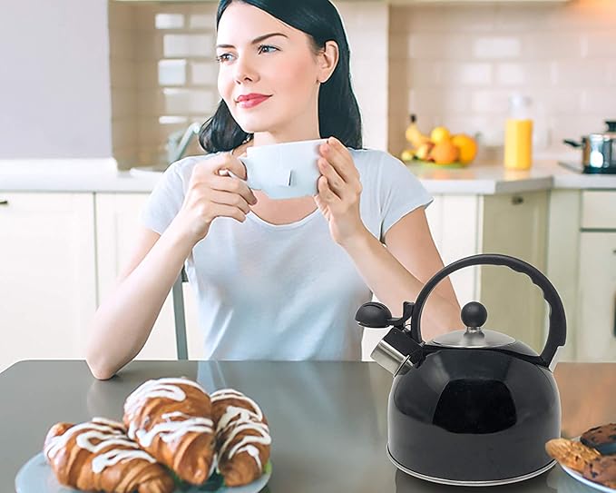 Venoly 2.5 Liter Whistling Tea Kettle - Modern Stainless Steel Whistling Tea Pot for Stovetop Hot Water Boiler with Cool Grip Ergonomic Handle (Black, 2.5 Liter)
