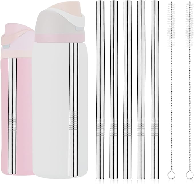 5pcs Metal Straws for Owala, Durable Stainless Steel Water Bottle Straw Replacements with 2 Cleaning Brushes for Owala Water Bottle 24oz/32oz