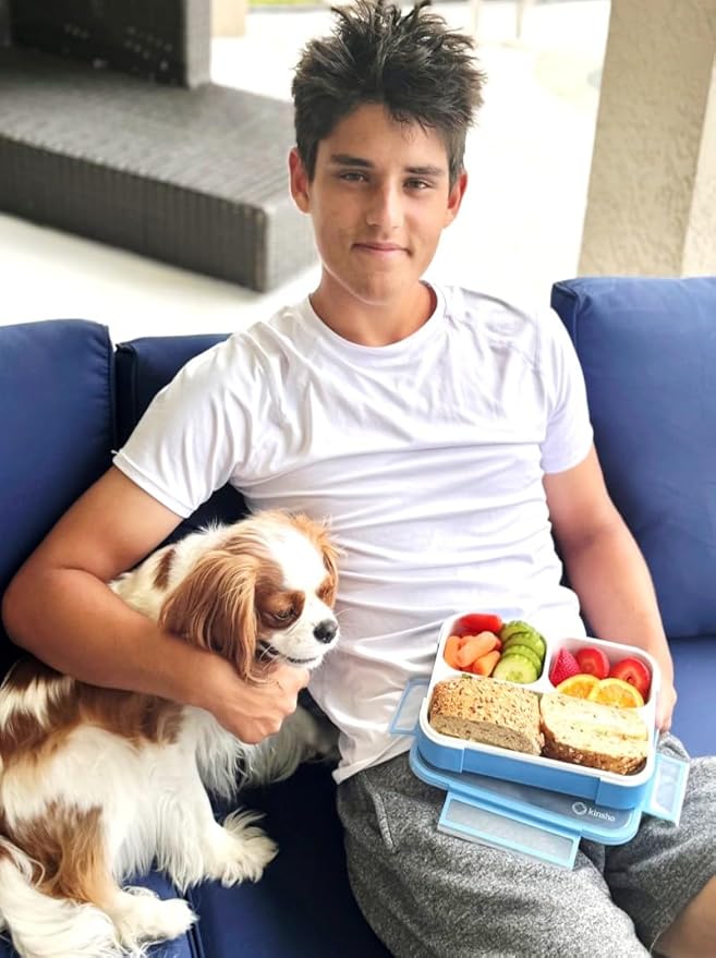 kinsho Bento Lunch Boxes for Adults or Kids | Large 3 Compartment Containers with Dividers for Meals and Snacks for School or Work Lunches, Women Men Includes Utensils | Coral Blue 2 pack