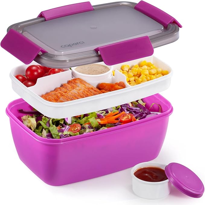 Caperci Large Salad Container Bowl for Lunch - Better Adult Bento Lunch Box 68 oz, 5-Compartment Tray, 2pcs 3-oz Sauce Cups, Stackable, BPA-Free (Purple)
