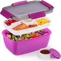 Caperci Large Salad Container Bowl for Lunch - Better Adult Bento Lunch Box 68 oz, 5-Compartment Tray, 2pcs 3-oz Sauce Cups, Stackable, BPA-Free (Purple)
