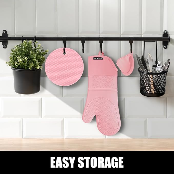 Rorecay 6pcs Oven Mitts and Pot Holders Sets for Kitchen, Extra Long Non-Slip Silicone Oven Gloves Heat Resistant 500 Degrees Potholders Hot Pads for Baking Cooking, Quilted Liner, Pink