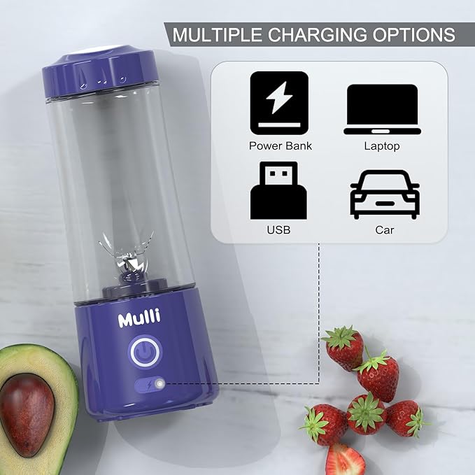 ‌Mulli Portable Blender 14oz-USB Rechargeable Smoothie Maker with 6 Stainless Steel Blades, Personal Mini Blender for Shakes, Baby Food, Travel, Gym & Kitchen, BPA-Free