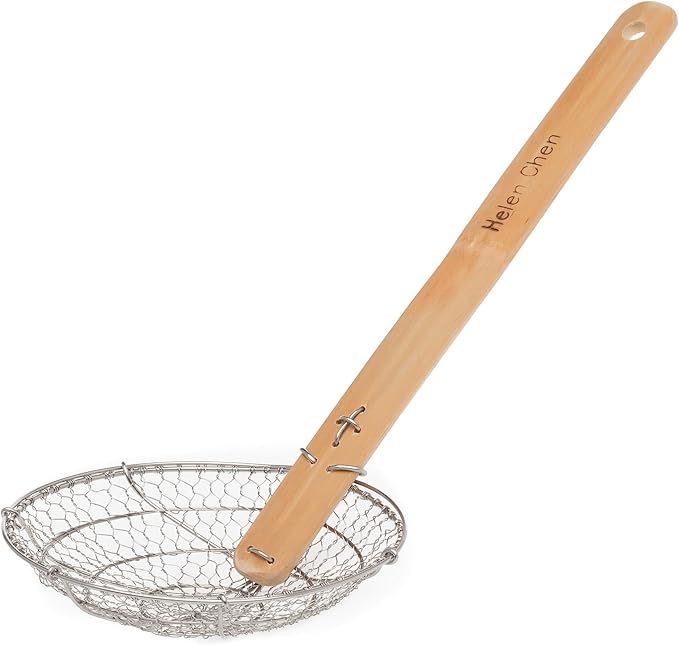 Helen’s Asian Kitchen Spider Strainer | 5-Inch Stainless Steel Wire Mesh Ladle with Sustainable Wood Handle for Frying, Cooking, and Draining