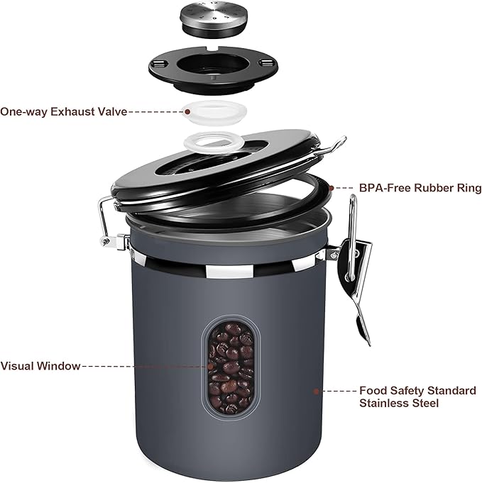 1800ML Airtight Coffee Canister with Date Tracker&Transparent Window, 22.8OZ Coffee Container with 30ML Measure Spoon&4 co2 Valve, Coffee Bean Storage Container for Grounds Coffee, Beans, Tea(Gray)