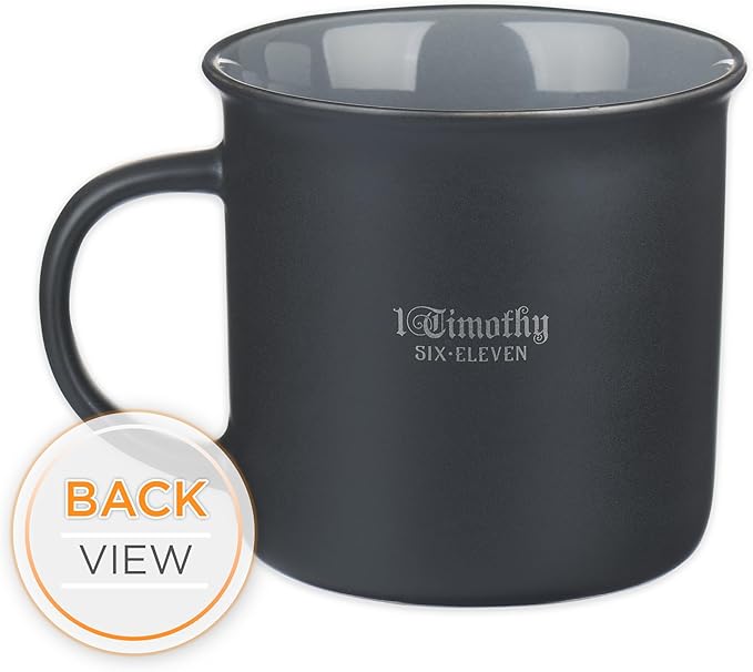 Christian Art Gifts Charcoal Gray Camp-Style Ceramic Coffee Mug – 13 oz. Lead and Cadmium-Free Non-Toxic Inspirational Scripture Coffee and Tea Mug for Men with Bible Verse: Man of God –1 Timothy 6:11