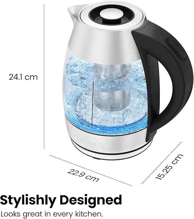 Chefman Electric Kettle for Boiling Water, 1.8L 1500W, Removable Tea Infuser, Auto Shut Off, Boil-Dry Protection, BPA Free, Borosilicate Glass, Hot Water Boiler, Electric Tea Kettle - Stainless Steel