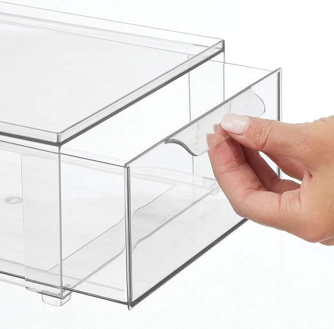 mDesign Plastic Pantry Organization and Storage Bin w/Pull Out Drawer - Shallow Stackable Kitchen Supplies Storage Container for Organizing Cabinet, Fridge, Freezer - Lumiere Collection - Clear