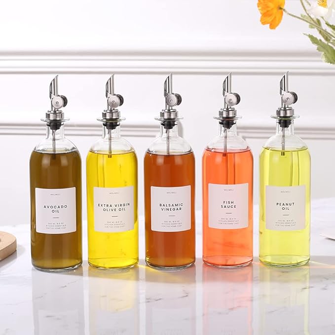 Molimoli Oil and Vinegar Dispenser with Metal Pour Spout, Weighted Pourer, Glass Bottle Dispenser for Kitchen, Olive Oil Cruet, Glass Olive Oil Bottle | 500ml, Set of 2