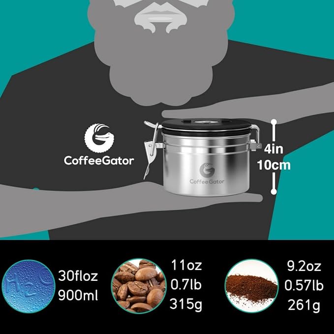 Coffee Gator Coffee Storage - 11oz Small Stainless Steel Tea and Sugar Containers - Stainless Steel Canisters with Date-Tracker, CO2 Valve for Freshness & Scoop - Silver